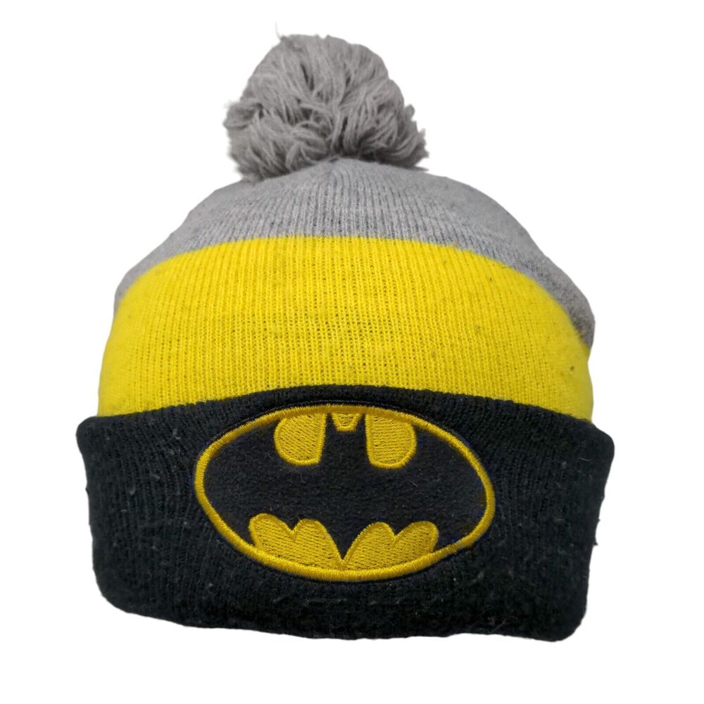Batman Beanie Hat Multicolor OSFM Knitted Stretch Pom Pom Fleece Acrylic